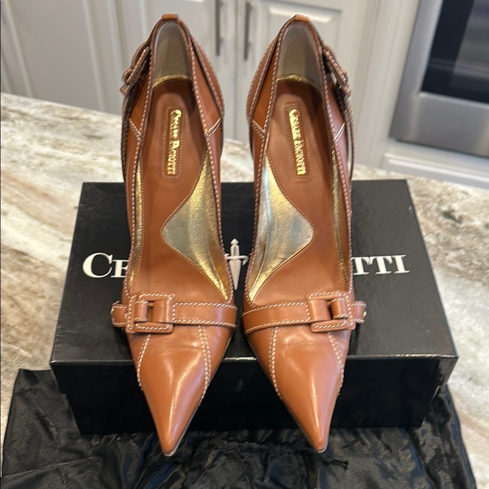 Vintage Y2K Cesare Paciotti Pointed Toe Pumps–Size 8–Brown Leather – Orig. Box - Picture 2 of 9